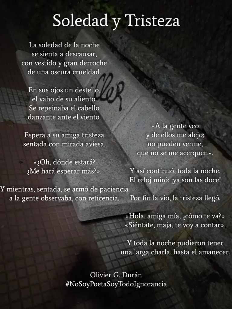 Un poema escrito sobre la imagen de un banco de piedra durante la noche.