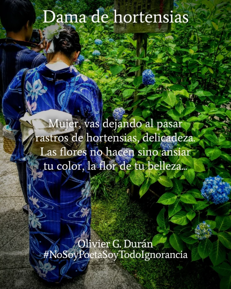 Poema escrito sobre la imagen de una mujer japonesa con un kimono azul de motivos florales, junto a una plantación de hortensias azules que parecen esparcidas por ella al andar.