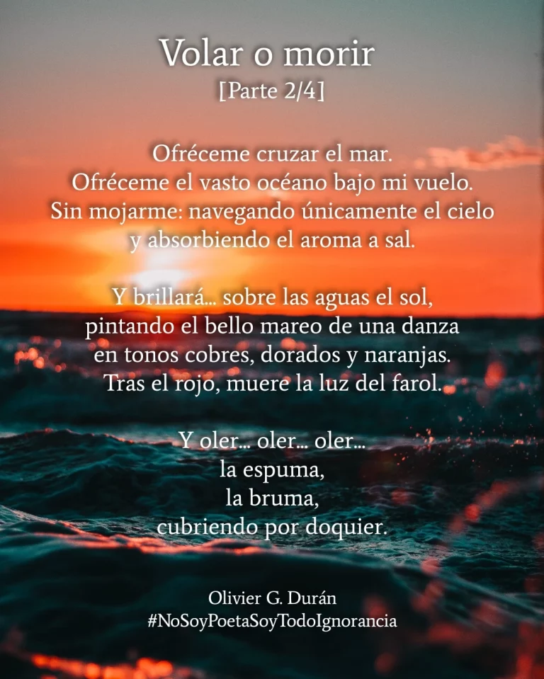 Segunda parte del poema escrita sobre la imagen de un mar en un atardecer anaranjado. Las aguas ondulantes reflejan los tonos naranjas del sol.