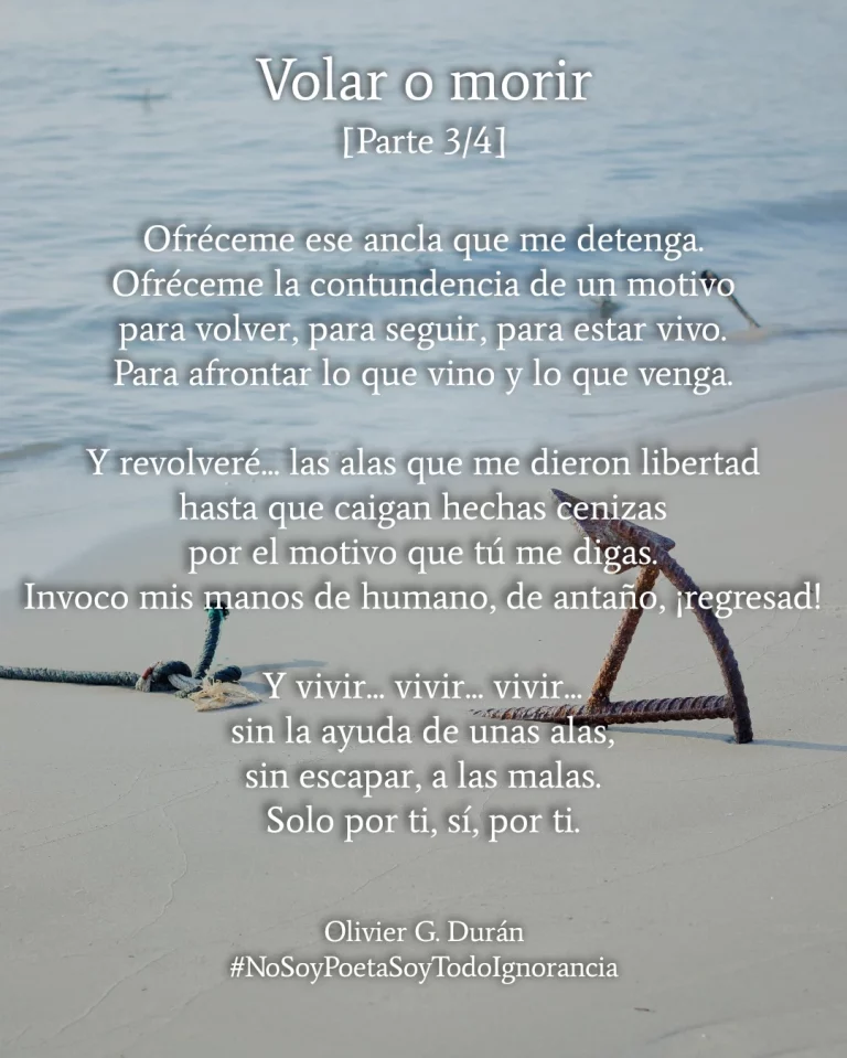 Tercera parte del poema, escrita sobre la imagen de un ancla metálica de un barco mediohundida en la arena de una playa. Se ve el mar de fondo.