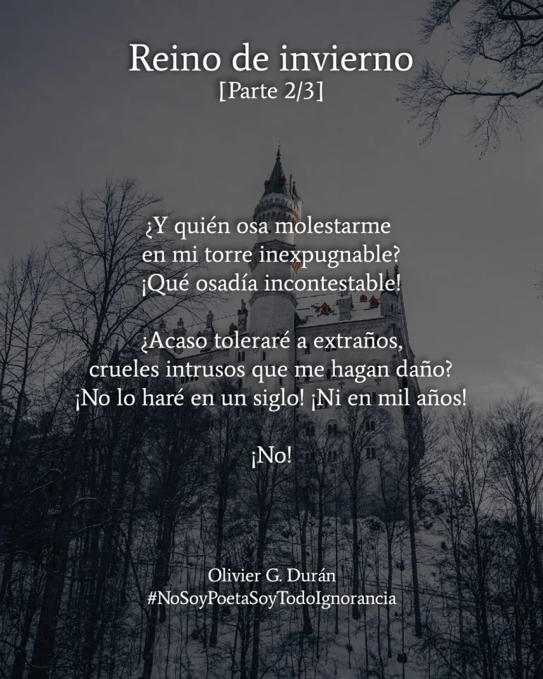 Parte 2 del poema, escrito sobre la imagen de un castillo invernal con una torre alta, en medio de un bosque nevado.